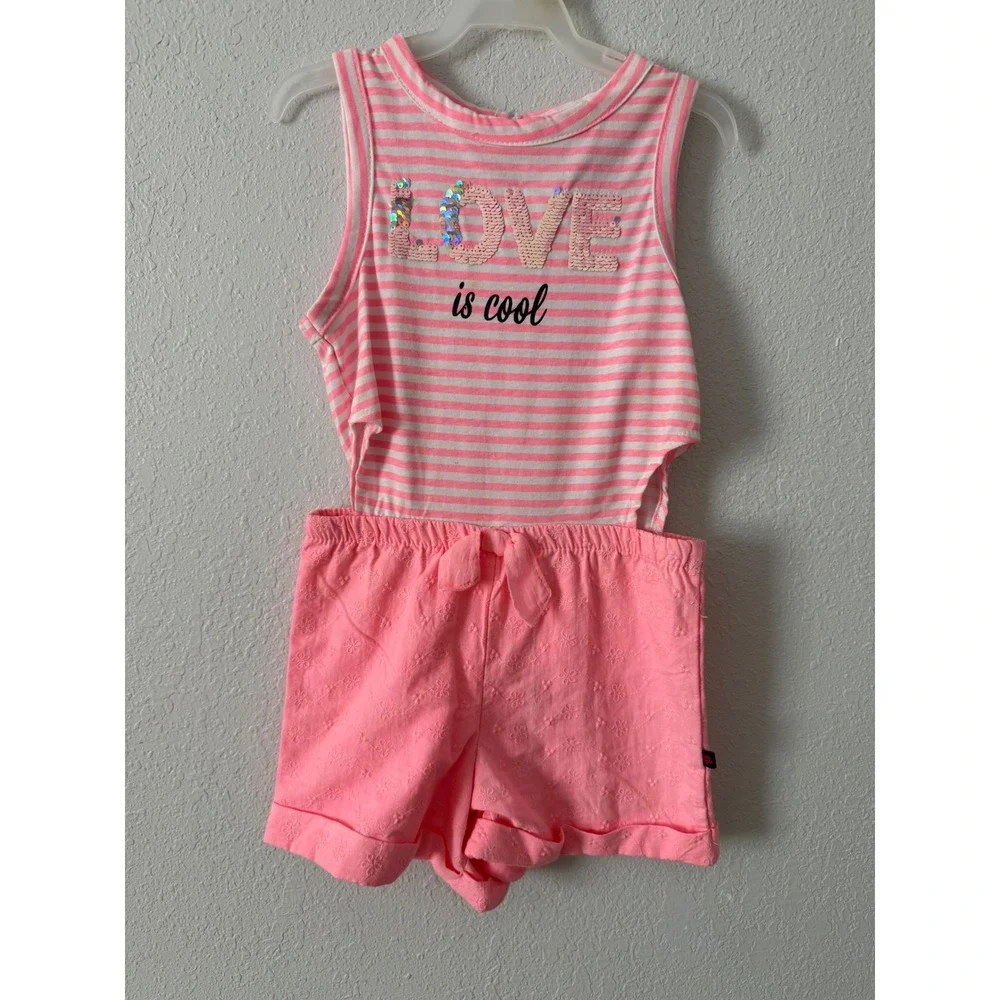 Justice Romper Kids Size 5 Pink Good Sequin Love Striped Eyelet One Piece